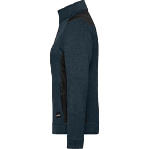 A teal knitted fleece jacket with black panels, featuring a zippered pocket and a logo.