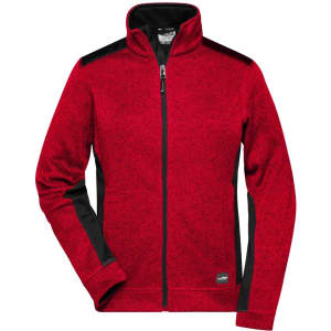 A red and black ladies' knitted workwear fleece jacket with a zip front and high collar. Features a logo on the hem.