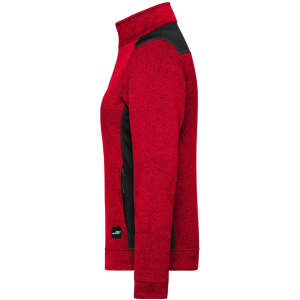 A red and black ladies' knitted workwear fleece jacket with a high collar and zippered pockets.