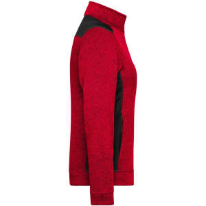 A red and black ladies' knitted workwear fleece jacket in a side view, featuring a zippered design and a collar.