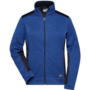 A blue knitted workwear fleece jacket with black accents and a zip-up front. Features a collar and a logo.