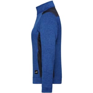 A blue knitted workwear fleece jacket with black detailing, featuring a zippered pocket and a logo.