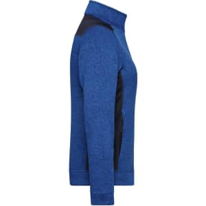A blue ladies' knitted workwear fleece jacket with a high collar and zippered pockets, featuring a logo.