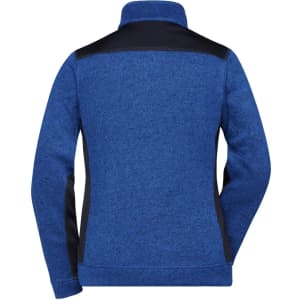 A blue knitted fleece jacket with black accents, featuring a high collar and a sleek back design.