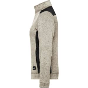 A grey ladies' knitted workwear fleece jacket with black accents and a logo on the side.