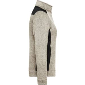 A ladies' polar fleece jacket in a light grey with black accents, featuring a high collar and zippered pockets.