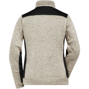 A fleece jacket in light grey with black accents, featuring a high collar and a fitted design, has a logo on the back.