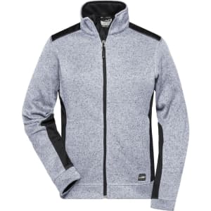 A grey knitted fleece jacket with black accents and a full zip, featuring a logo on the front.