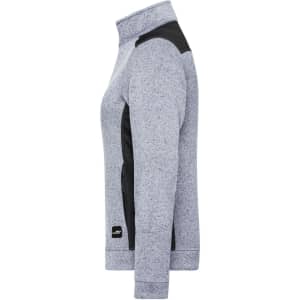 A grey and black ladies' knitted workwear fleece jacket with a high collar and ribbed cuffs. Includes a logo on the side.