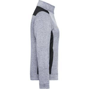 A grey ladies' knitted workwear fleece jacket with black accents and a zippered pocket, featuring a logo.