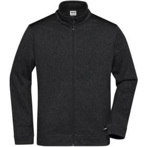 A black knitted workwear fleece jacket with a zip and a high collar, featuring a logo on the side.