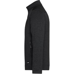A men's knitted workwear fleece jacket in black with a zip pocket and contrasting shoulder panels. Features a logo.