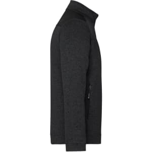 A men's knitted fleece jacket in dark grey, featuring a zip pocket and black accents. It has a logo on the chest.