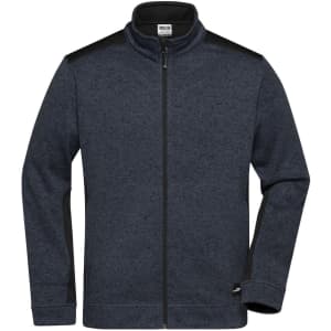 A men's knitted workwear fleece jacket in navy blue with a zip front and contrasting black panels on the shoulders.