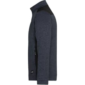 A navy blue men's knitted workwear fleece jacket featuring black shoulder panels and side zip pockets.