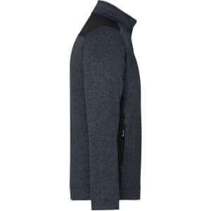 A men's knitted workwear fleece jacket in navy with black accents, featuring a zippered side pocket and a high collar.