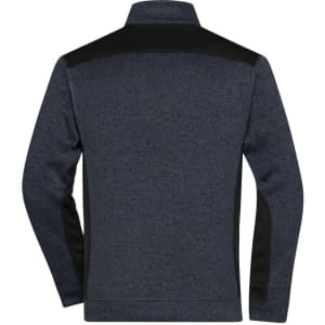 A navy and black men's knitted workwear fleece jacket with a high collar and long sleeves, featuring a logo.