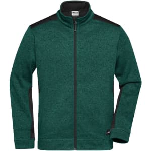 A green knitted fleece jacket with black accents and a zippered front, featuring a logo on the sleeve.