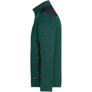 A green knitted workwear fleece jacket featuring black accents and a zippered pocket. It has a simple logo on the side.