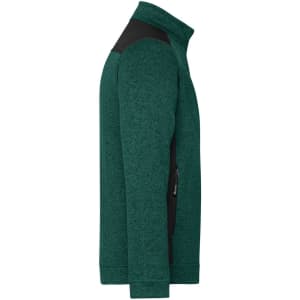 A green knitted workwear fleece jacket with black accents and zippered pockets, featuring a logo on the sleeve.