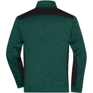 A men's knitted workwear fleece jacket in dark green with black side panels and a high collar. Features a logo.