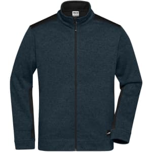 A navy blue men's knitted workwear fleece jacket featuring a zip front and black shoulder detailing.