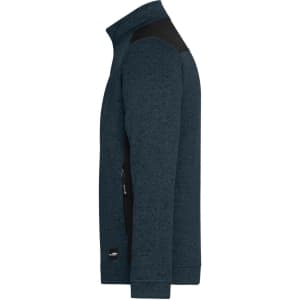 A men's knitted workwear fleece jacket in dark blue with black panels and zippered pockets, featuring a logo.