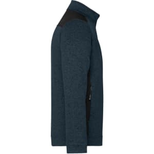 A men's knitted workwear fleece jacket in a dark blue colour, featuring black shoulder accents and zippered pockets.