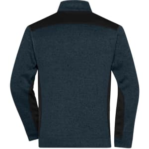 A men's knitted workwear fleece jacket in navy blue with black accents, featuring a high collar and a logo.
