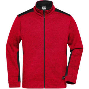 A red knitted fleece jacket with black accents and a zip-up front, featuring a branding logo.