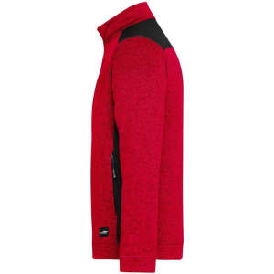A red knitted fleece jacket with black accents and a logo on the side.