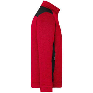 A red knitted workwear fleece jacket featuring a black panel, showcasing a side view with a zippered pocket.