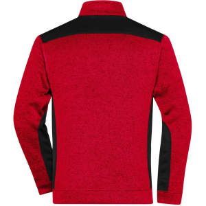 A red knitted fleece jacket with black accents, featuring a high collar and long sleeves, with a logo on the back.