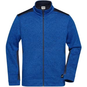 A blue knitted fleece jacket featuring a zip front and contrasting black accents on the shoulders. Includes a logo.