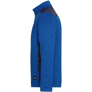 A blue knitted workwear fleece jacket with black accents and a zippered pocket, featuring a branding logo.