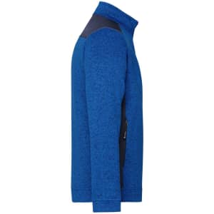 A blue knitted fleece jacket featuring a high collar and a contrasting panel. It has a logo on the sleeve.