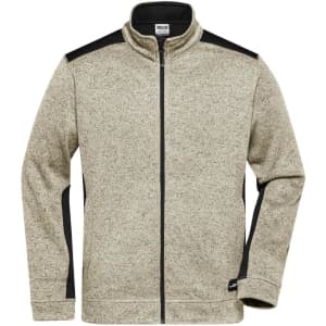 A men's knitted workwear fleece jacket in light grey with black accents and a zippered front. Features a logo.