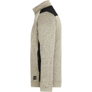 A grey and black men's knitted workwear fleece jacket with a high collar and side pockets. Features a logo on the sleeve.