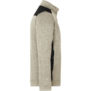 A men's knitted workwear fleece jacket in a light grey with black accents, featuring a side profile view and a logo.