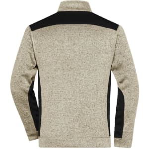 A men's knitted workwear fleece jacket in light grey with black side panels and a collar. Features a logo on the back.