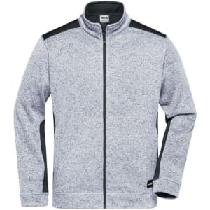 A men's knitted workwear fleece jacket in light grey with black shoulder accents and a full zip. Features a logo.