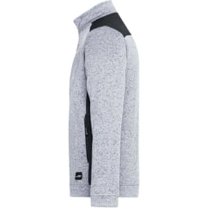 A men's knitted workwear fleece jacket in grey with black accents and a logo.