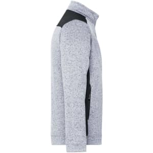 A grey and black men's knitted workwear fleece jacket featuring a zip and functional pockets.