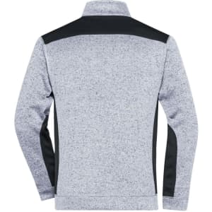A men's knitted workwear fleece jacket in grey with black accents, featuring a high collar and a logo.