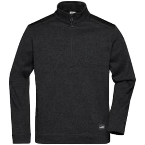 A black half-zip knitted fleece jumper with a textured finish and a small logo on the hem.