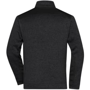 A black knitted fleece half-zip jacket with a simple design and a logo on the back.