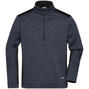 A men's knitted workwear fleece half-zip in navy with black shoulder accents and a zippered collar.