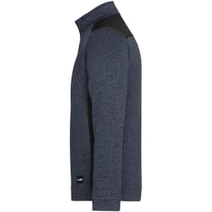 A men's knitted workwear fleece half-zip in navy blue with black accents, featuring a logo on the sleeve.