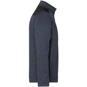 A men's navy knitted workwear fleece half-zip featuring black accents and a logo. Ideal for work attire.