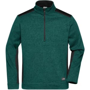 A green knitted fleece half-zip with black accents and a logo on the front. Ideal for workwear purposes.
